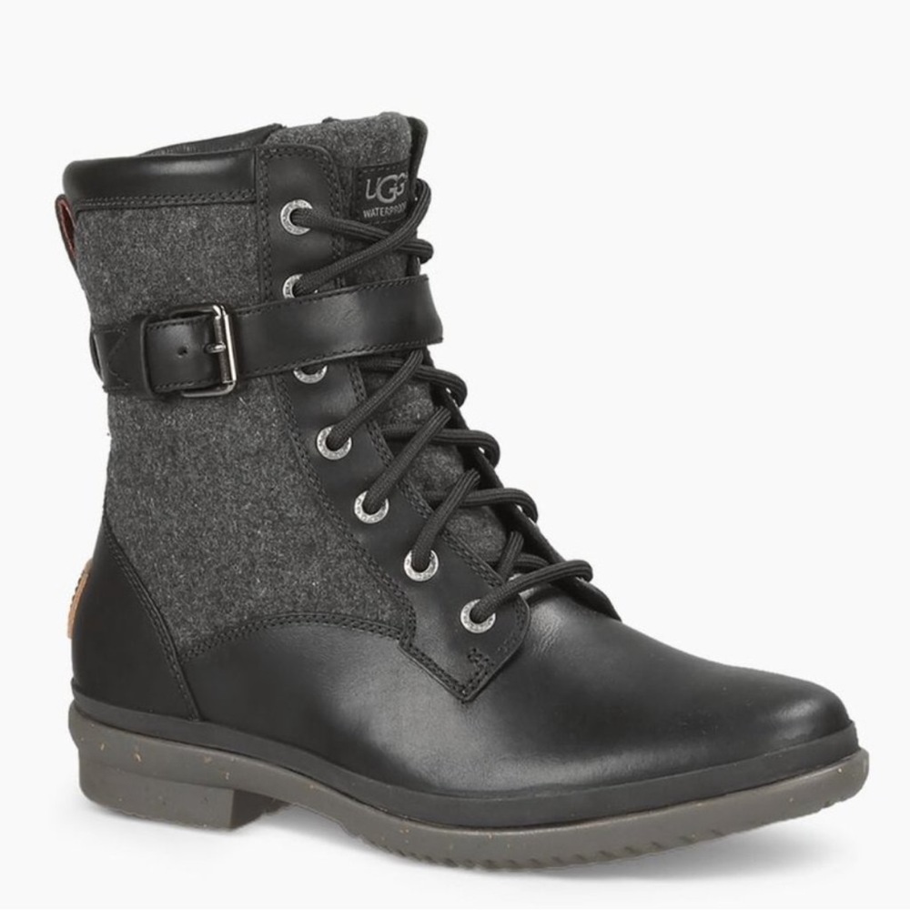 Ugg Kesey Waterproof Leather Black Boots Size 7 Wool Lining
